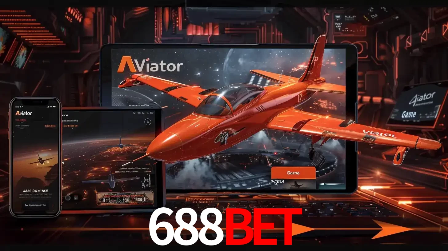 Apresentação tecnológica do jogo Aviator com um avião saindo da tela de um tablet, demonstrando a experiência imersiva em múltiplos dispositivos no 688BET.