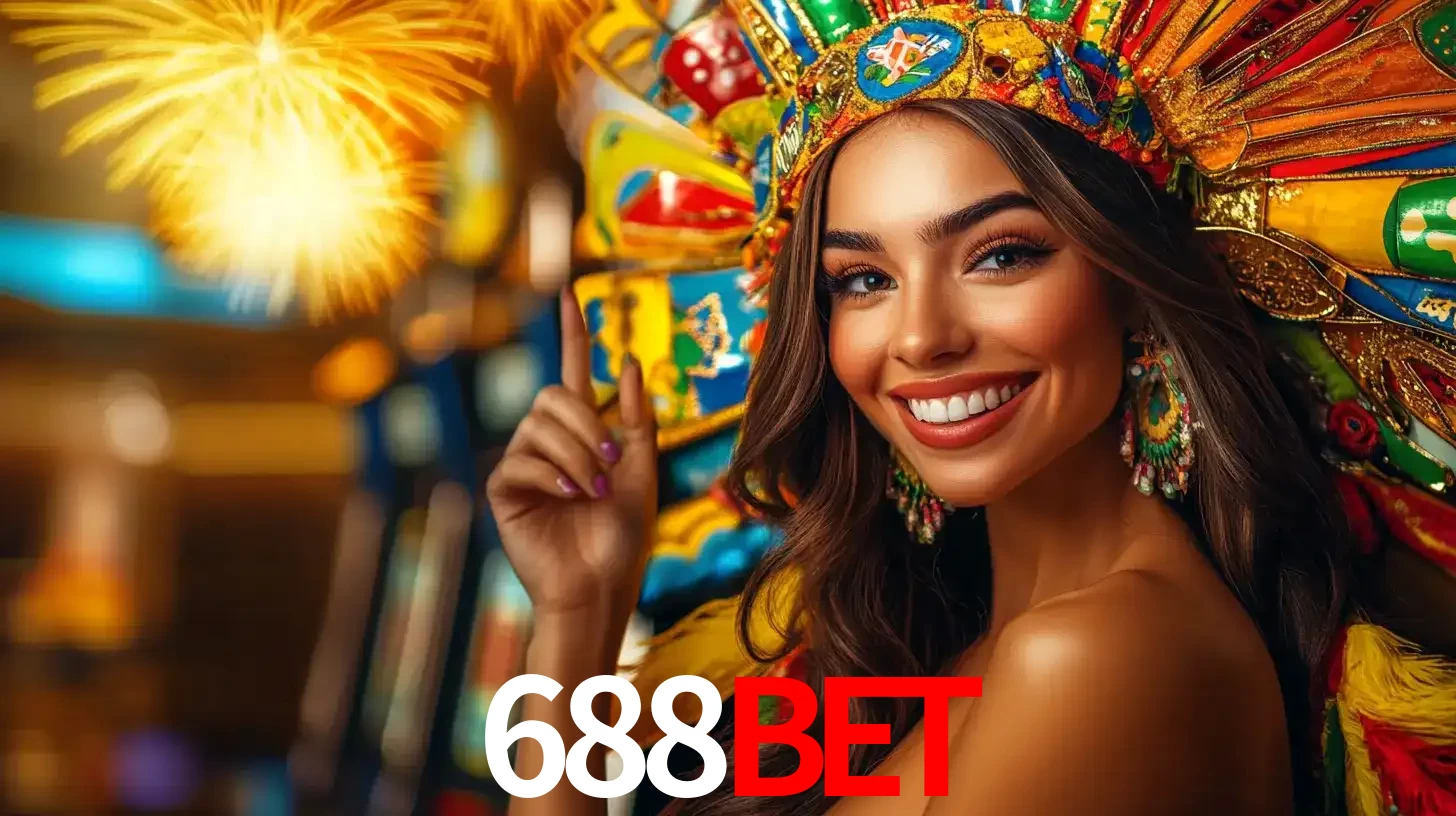 Mulher sorridente com um cocar de carnaval vibrante e colorido, celebrando uma grande vitória nos jogos do cassino 688BET com fogos de artifício ao fundo.