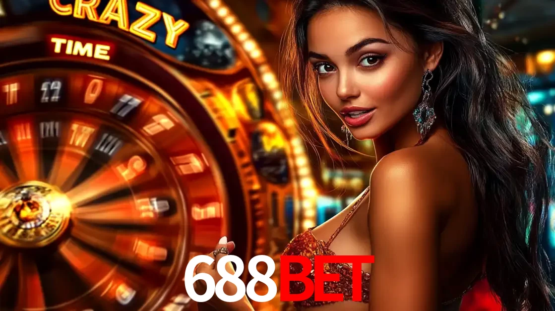 Mulher ao lado da roda de prêmios do jogo de cassino ao vivo Crazy Time, um dos shows de jogos mais emocionantes oferecidos pela plataforma de apostas 688BET.