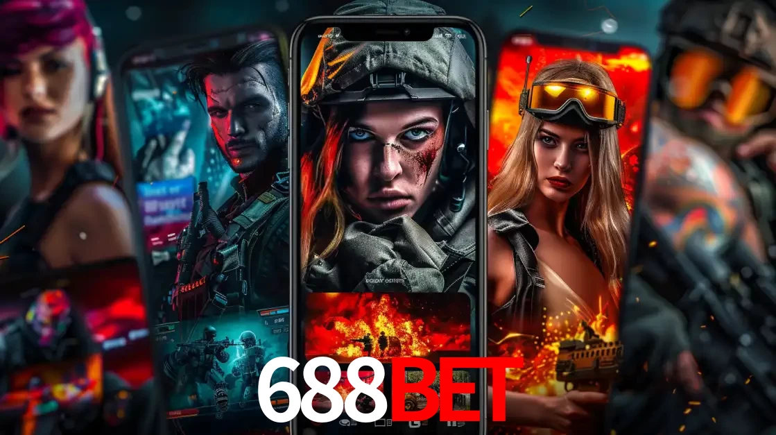 Montagem de telas de celular mostrando diversos personagens, masculinos e femininos, de um jogo de tiro, ilustrando a diversidade de equipes de e-sports para apostar no 688BET.
