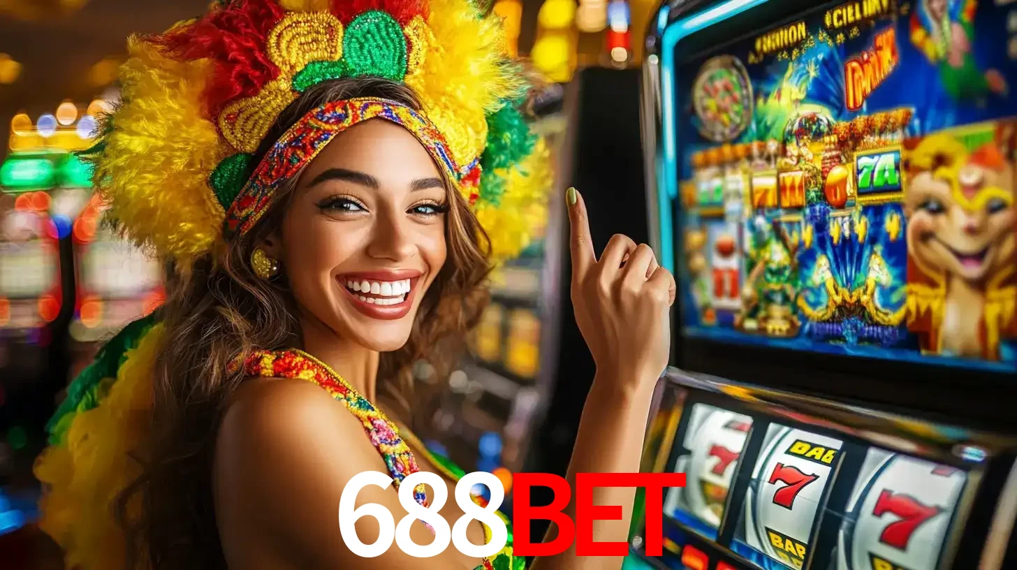 Mulher animada com um cocar de carnaval apontando para uma máquina de caça-níqueis, mostrando a emoção de ganhar um grande prêmio nos jogos do 688BET.