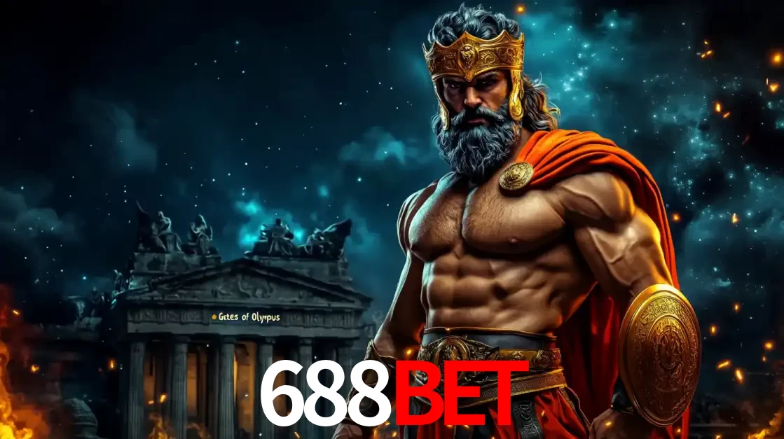 O poderoso Zeus do jogo de slot Gates of Olympus em frente ao seu templo, pronto para lançar multiplicadores divinos e prêmios épicos no cassino online 688BET.