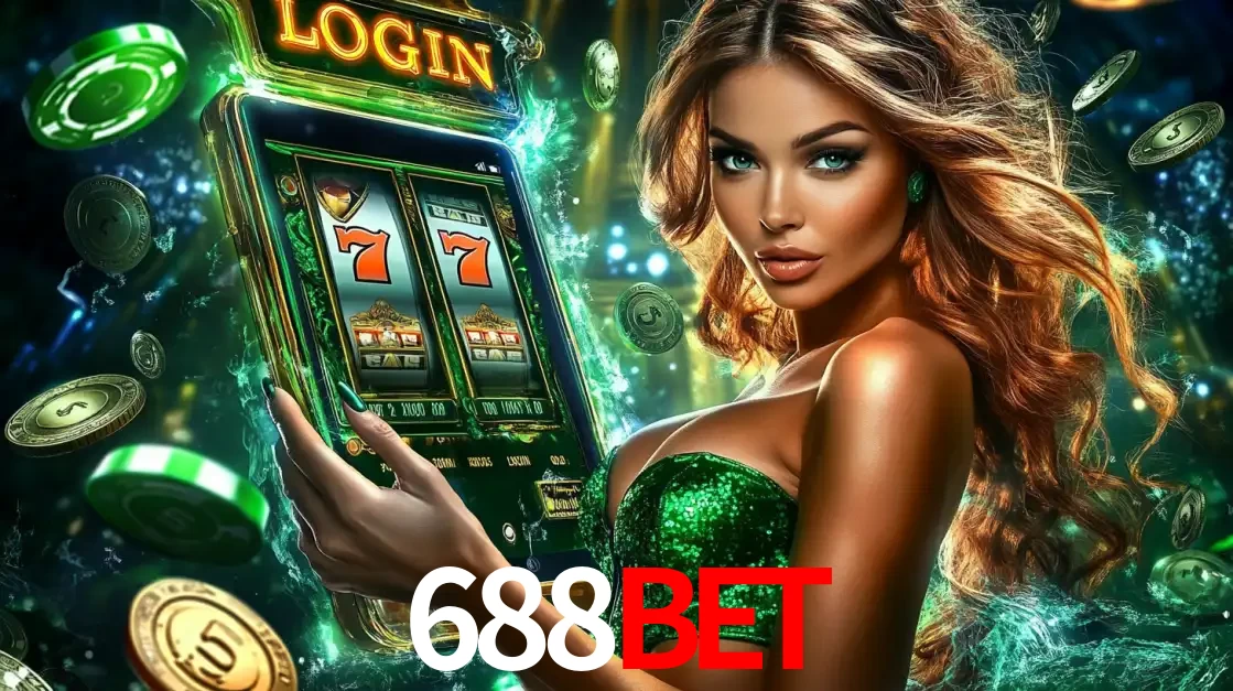 Mulher com tema verde apresentando o aplicativo do cassino 688BET com um jogo de slot de 777, cercada por fichas de cassino e uma aura de sorte.