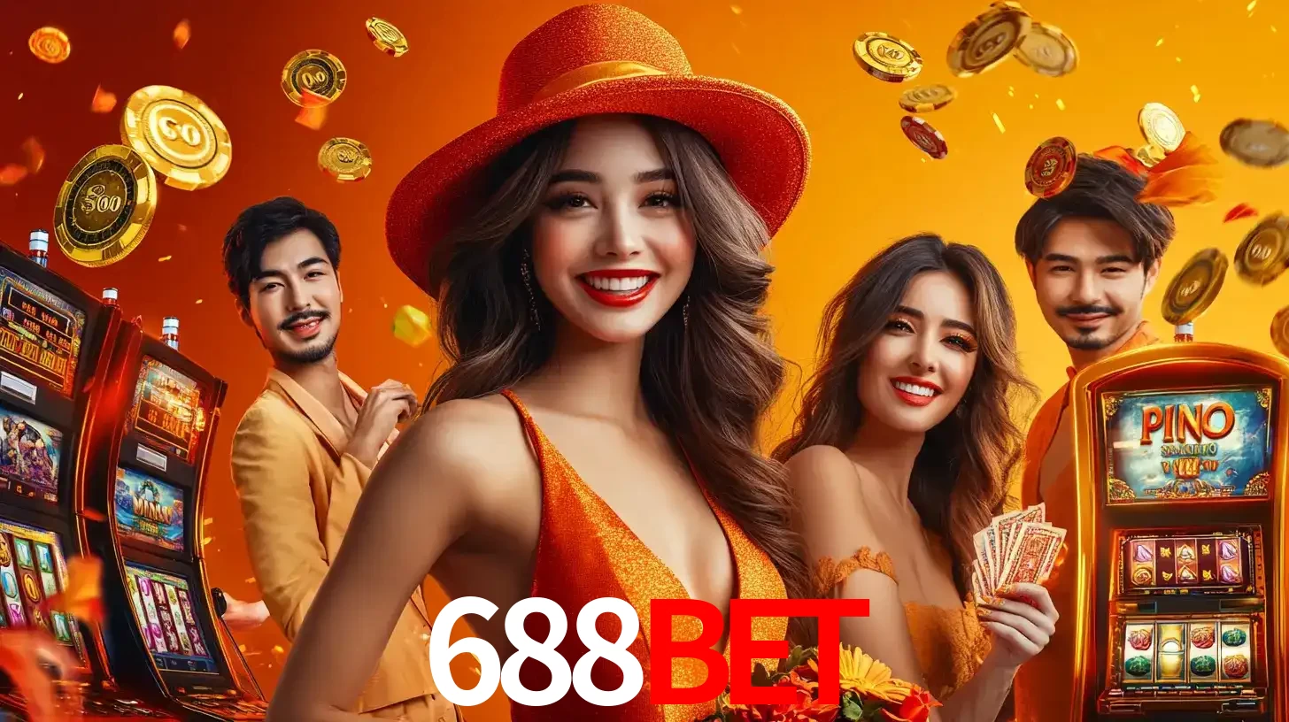 Grupo de amigos asiáticos sorrindo e se divertindo com máquinas de caça-níqueis em um ambiente festivo, celebrando suas vitórias nos jogos de cassino do 688BET.