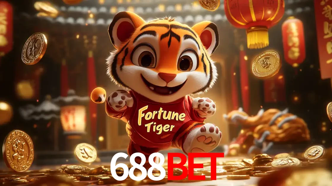 O alegre personagem do Fortune Tiger correndo sobre um caminho de moedas de ouro, simbolizando os grandes prêmios e a diversão do popular jogo de slot do 688BET.