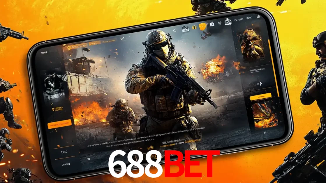 Um smartphone exibindo a interface de um jogo de tiro em primeira pessoa, com um soldado em um cenário de batalha, representando a ação dos e-sports para apostar no 688BET.