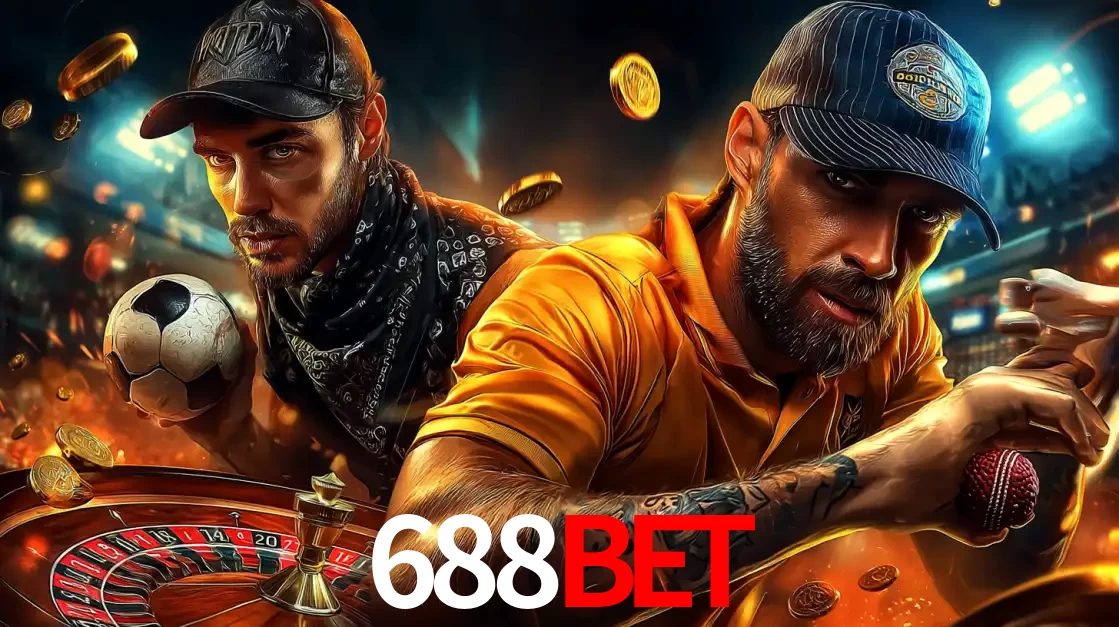 Montagem de apostas esportivas e cassino no 688BET, com um homem segurando uma bola de futebol e outro uma de beisebol sobre uma roleta e moedas voadoras.