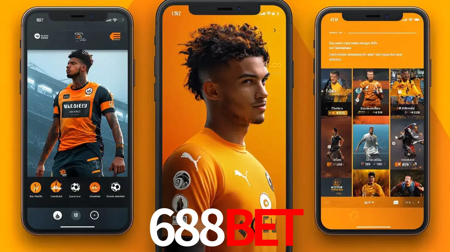 Interface do aplicativo de apostas esportivas 688BET em três telas de celular, mostrando o perfil de um jogador de futebol e a lista de jogos disponíveis para apostar.