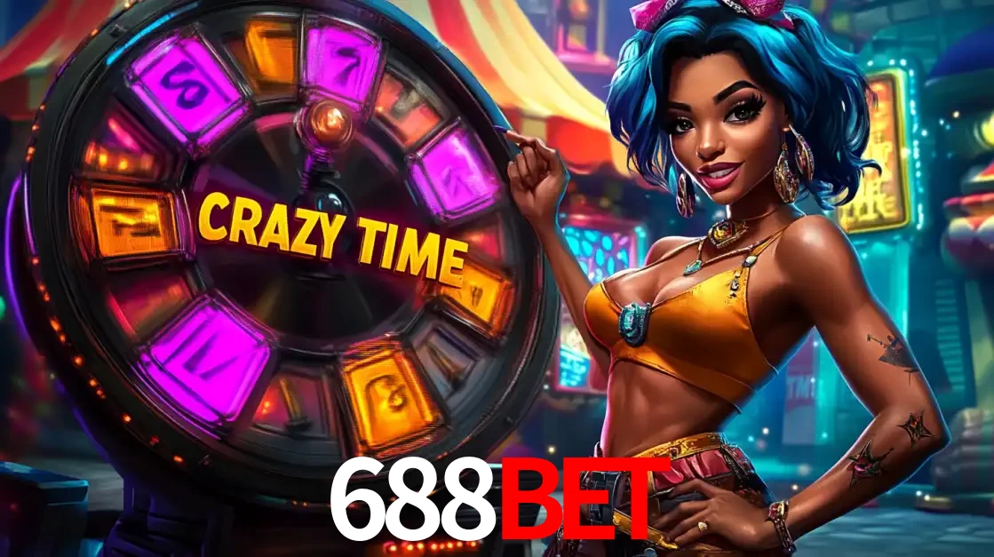 Mulher estilizada com cabelo azul e visual vibrante posando ao lado da roda de prêmios do game show Crazy Time, convidando para a diversão e os bônus do cassino 688BET.