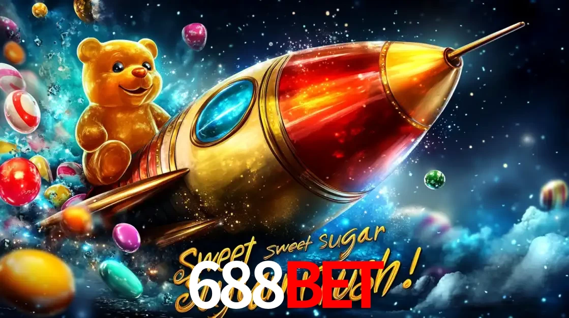 Arte promocional do jogo de slot Sugar Rush, com um urso de pelúcia em um foguete viajando pelo espaço de doces, um dos jogos divertidos disponíveis no cassino 688BET.