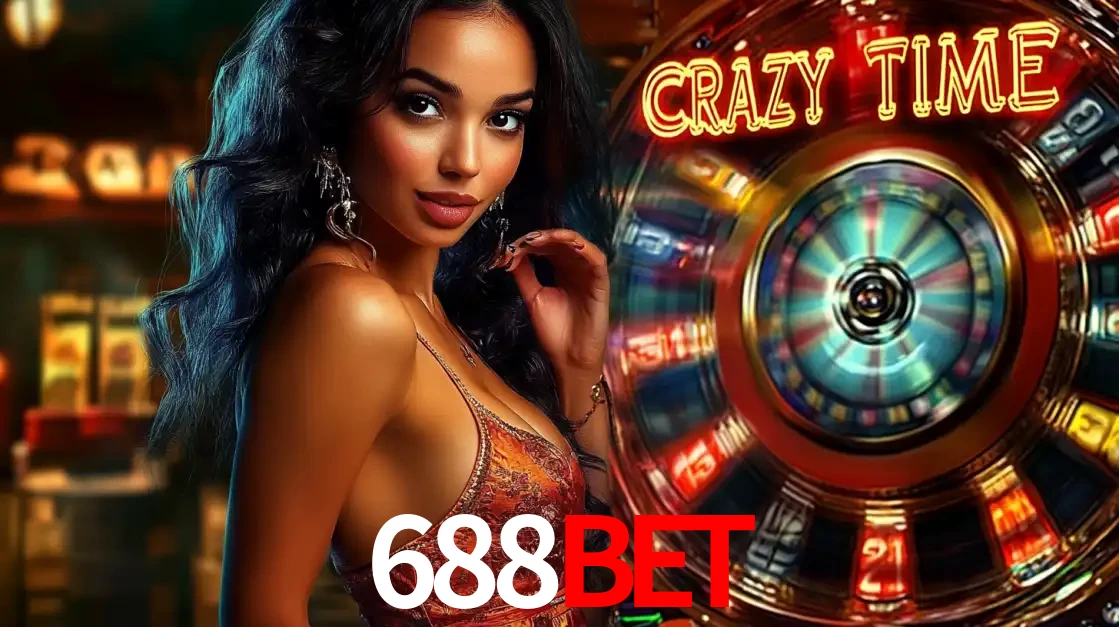Mulher elegante ao lado da vibrante roda da fortuna do jogo de cassino ao vivo Crazy Time, um dos game shows mais populares e cheios de prêmios do 688BET.