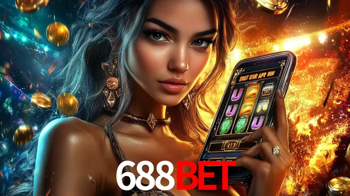 Mulher elegante mostrando um jogo de caça-níqueis em seu smartphone, destacando a experiência de cassino móvel oferecida pelo aplicativo 688BET.