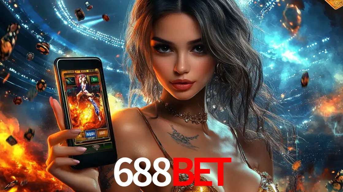 Mulher segurando um celular com um jogo de slot em destaque, tendo como fundo um estádio vibrante, simbolizando a emoção de jogar no cassino móvel 688BET.