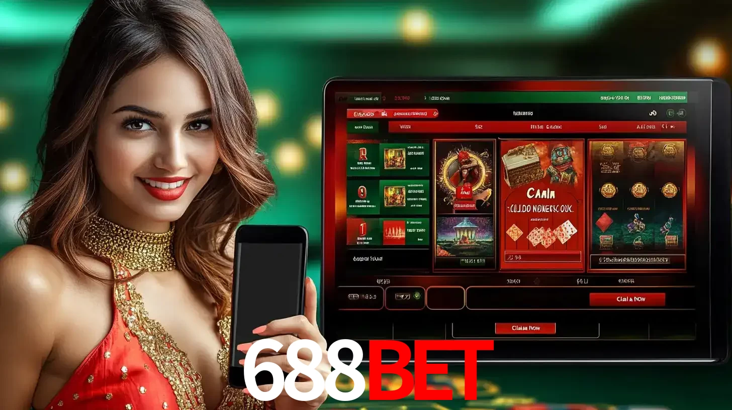 Mulher sorridente segurando um smartphone, ao lado de uma tela exibindo o lobby de jogos do cassino online 688BET, com várias opções de jogos de cartas e slots.
